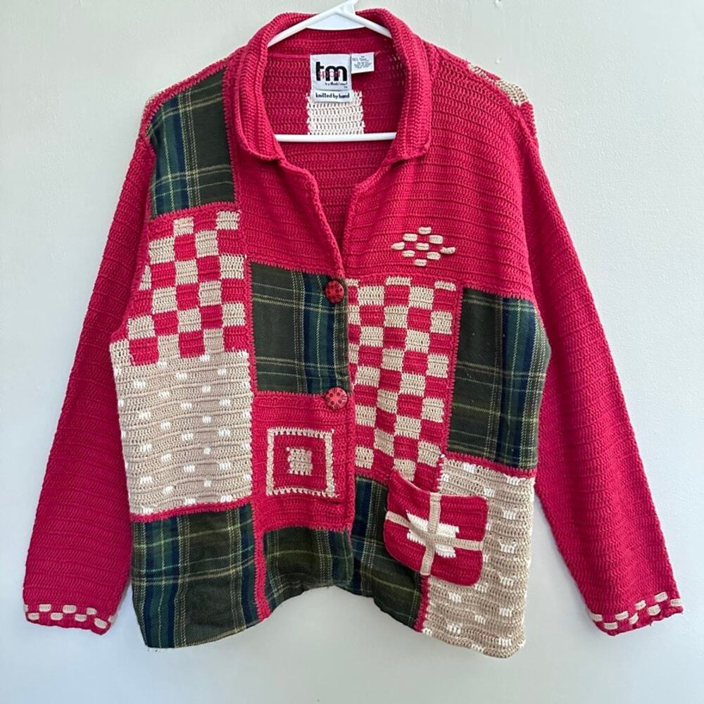TM Sport Cardigan Sweater MEDIUM Vintage Patchwork Hand Knit Grandma Holiday Red